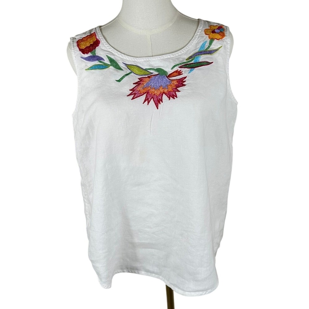 VTG I.B. Diffusion Tank Top Women 8 White Embroidered Linen Boho Cottagecore